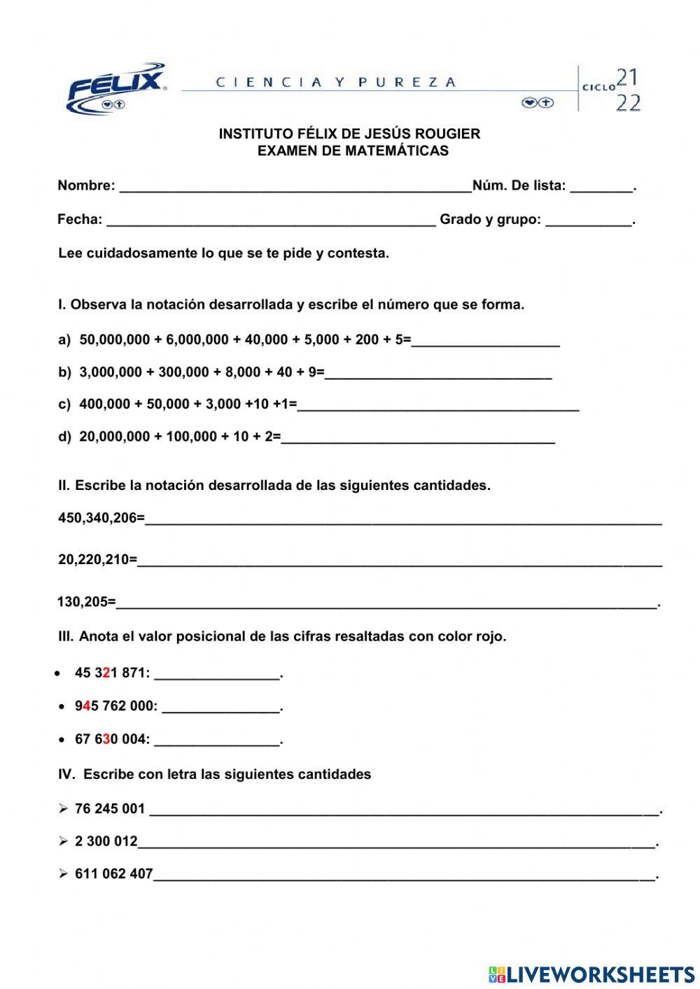 Examen de matemáticas