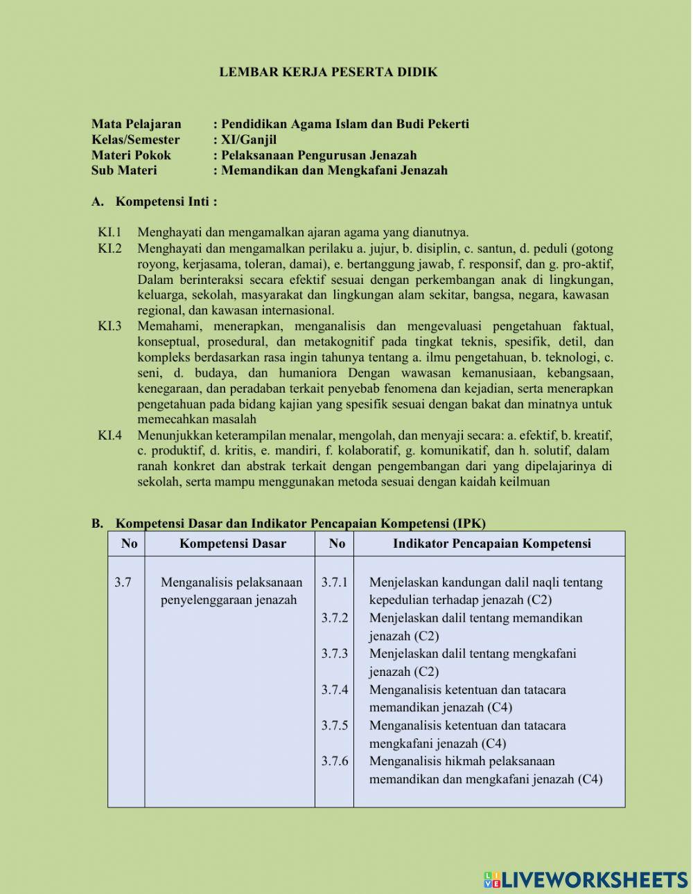 LKPD Tatacara Pengurusan Jenazah (Sub Tema Memandikan dan mengkafani Jenazah)