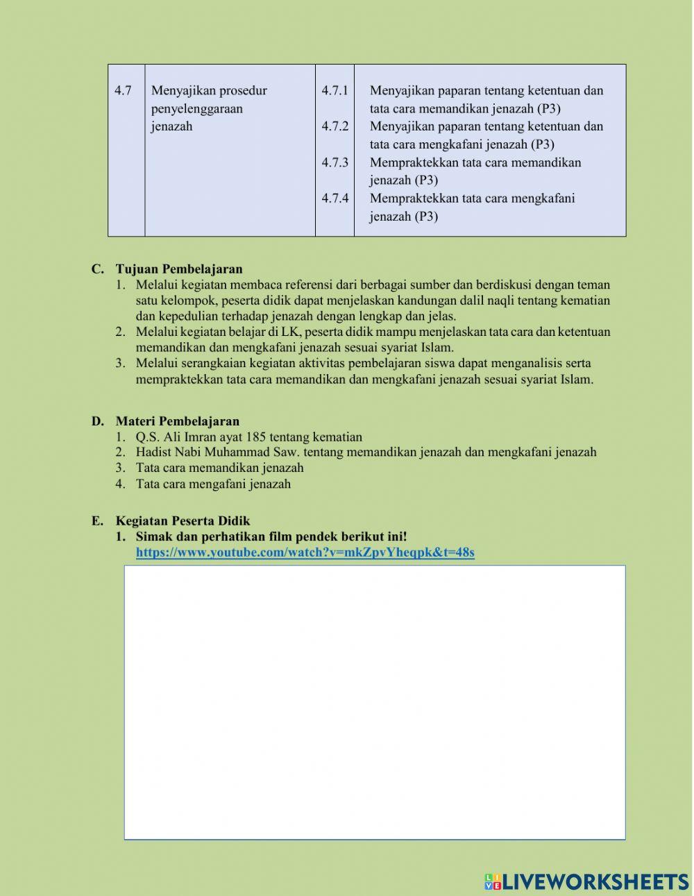 LKPD Tatacara Pengurusan Jenazah (Sub Tema Memandikan dan mengkafani Jenazah)