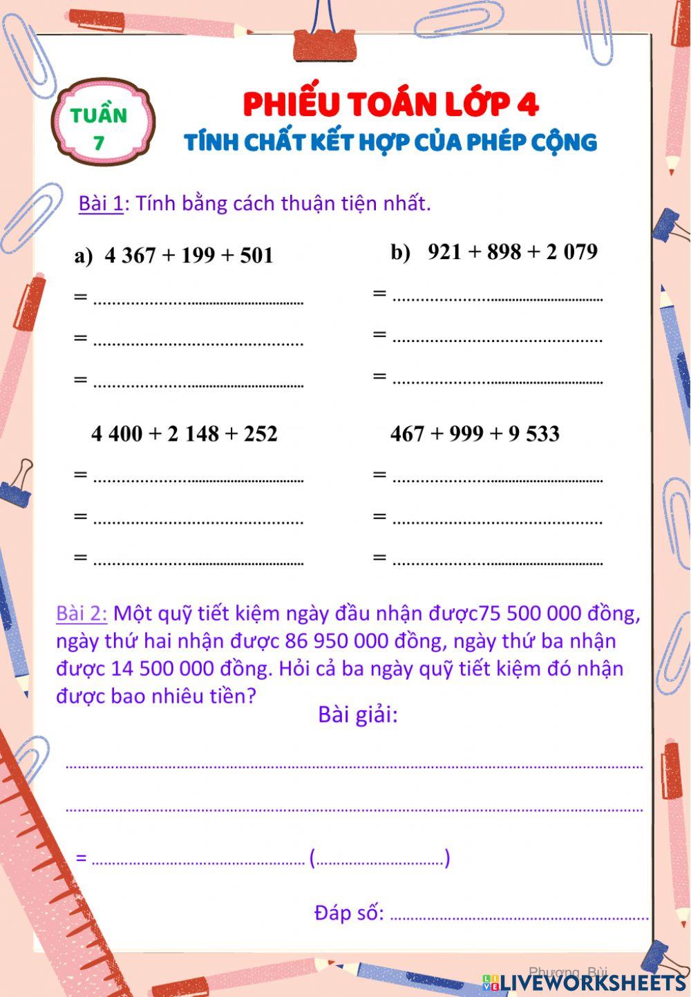Toán lớp 4-TÍNH CHẤT KẾT HỢP CỦA PHÉP CỘNG