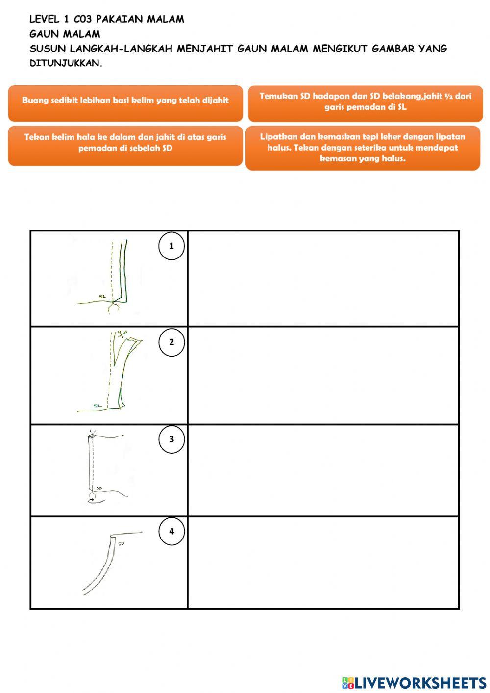 Level 1 langkah jahit gaun malam