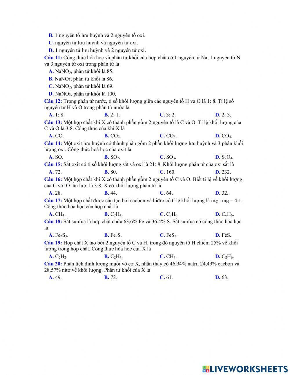 Phiếu 8- bài 9 công thức hóa học