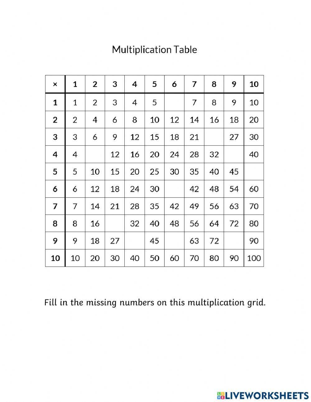 Multiplication Grid interactive worksheet | Live Worksheets