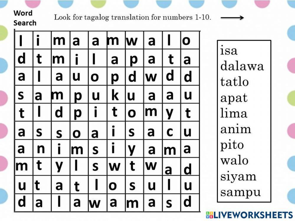 Word Search Number Words in Tagalog