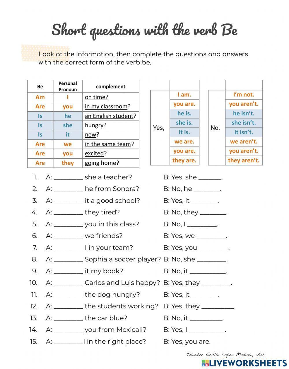 Verb be - short questions