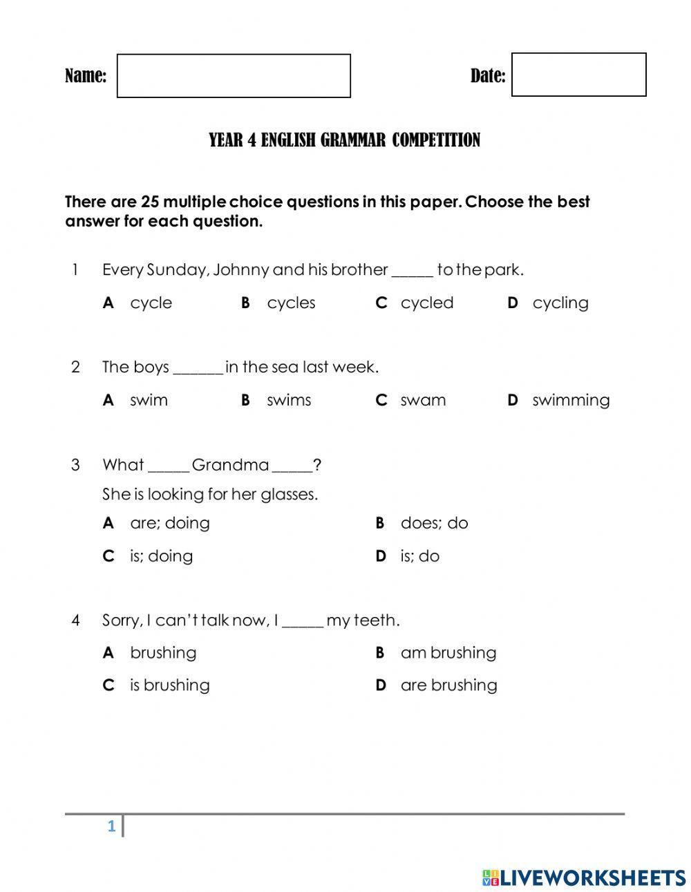 Year 4 English Grammar worksheet
