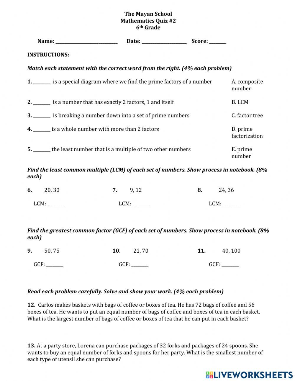 6th Grade Quiz 2 GCF LCM PF online exercise for Live Worksheets