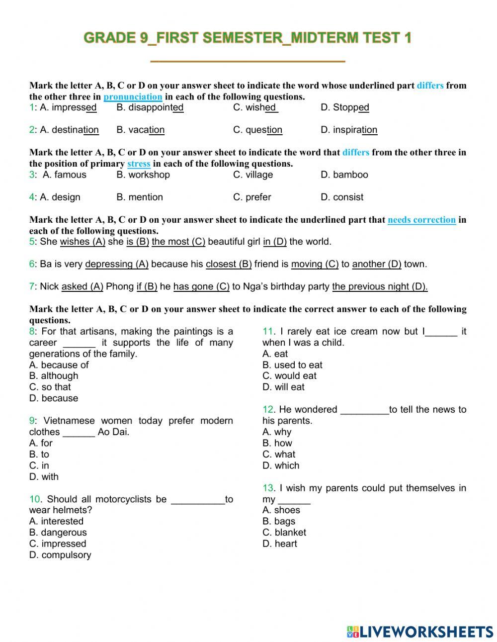 Grade 9-first semester-midterm test 1