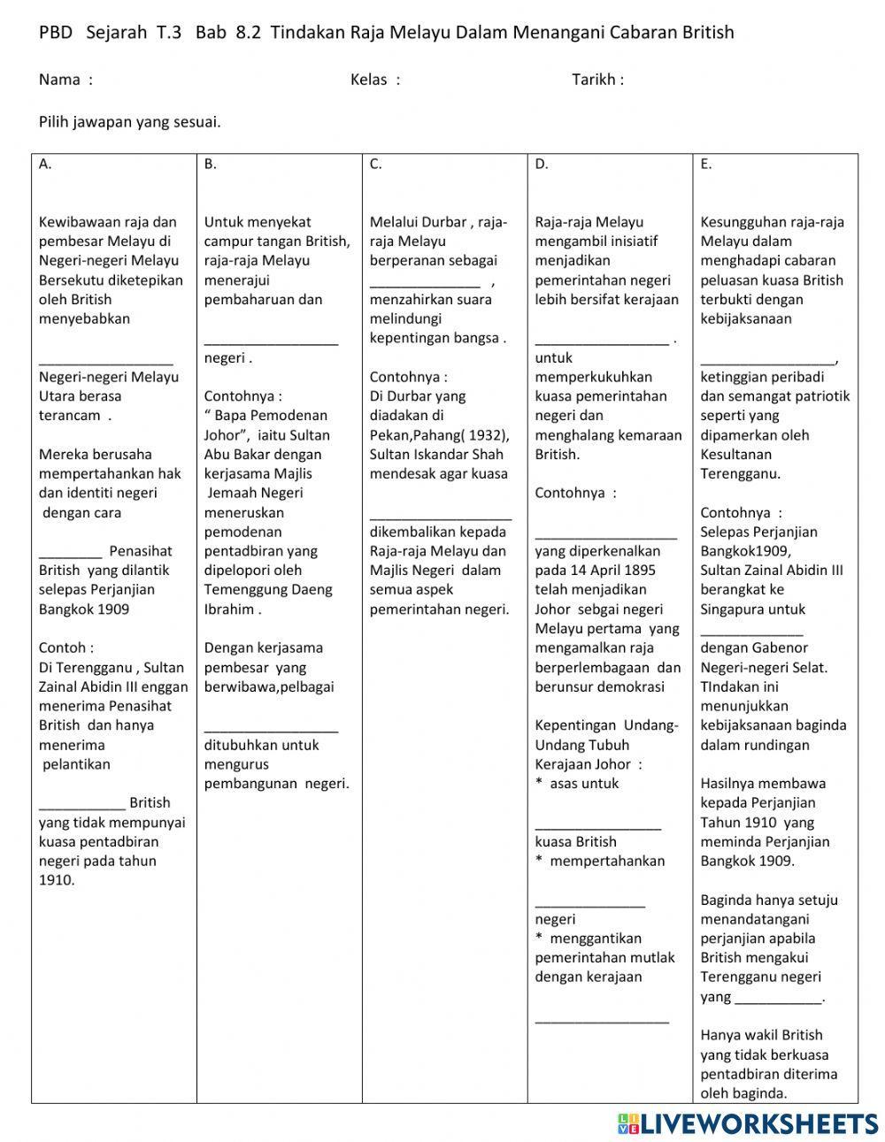 Sejarah T.3  Bab  8.2  Tindakan Raja Melayu Dalam MenanganiCabaran Barat
