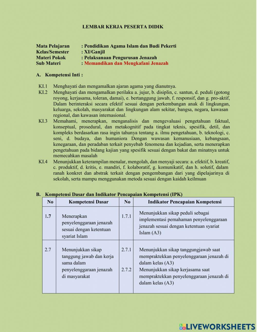 LKPD Tatacara Pengurusan Jenazah (Sub Tema Memandikan dan mengkafani Jenazah)