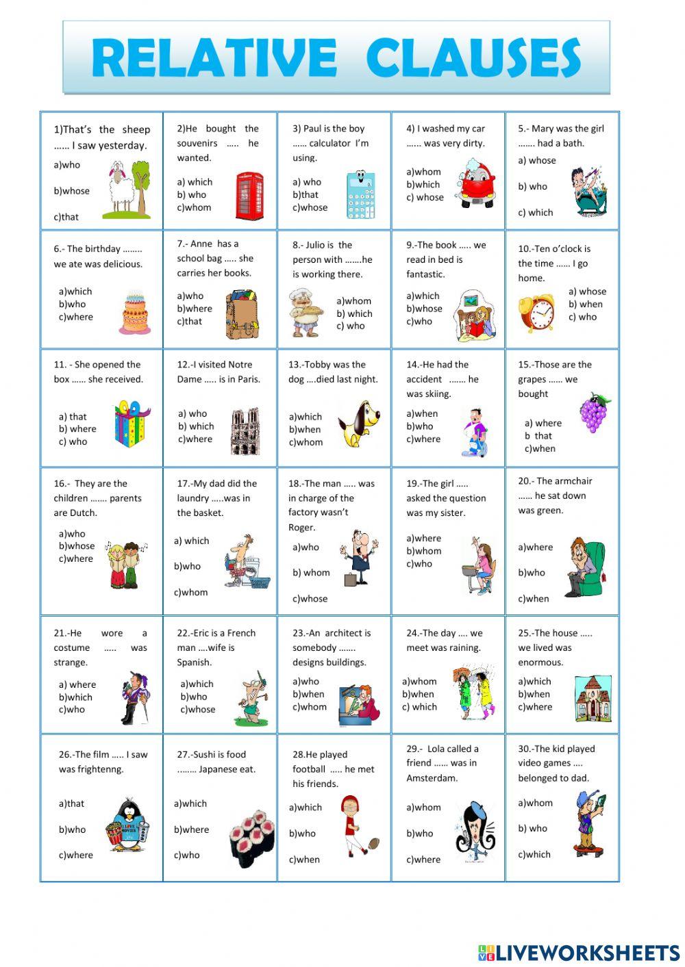 Relative clause online pdf activity for 8 Live Worksheets