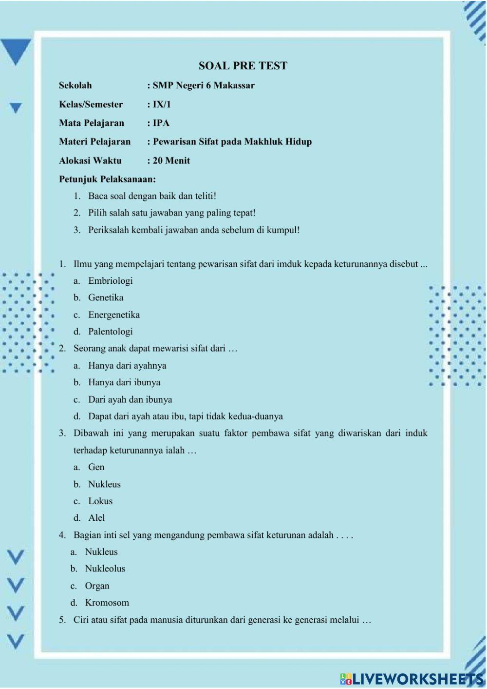 Pre test ipa kelas ix