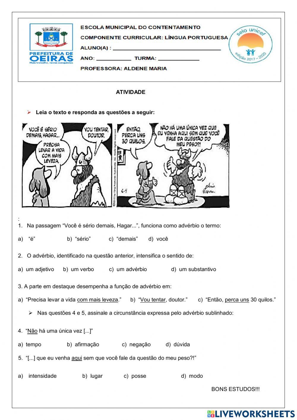 Atividade sobre advérbio