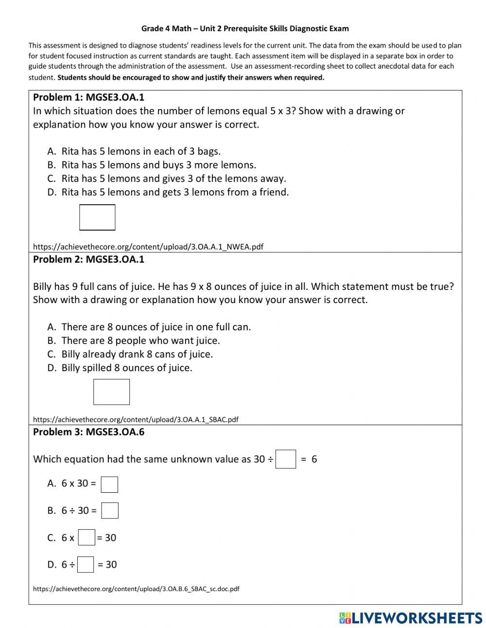 Grade 4 Math- Unit 2 Prerequisite Diagnostic Skills Exam