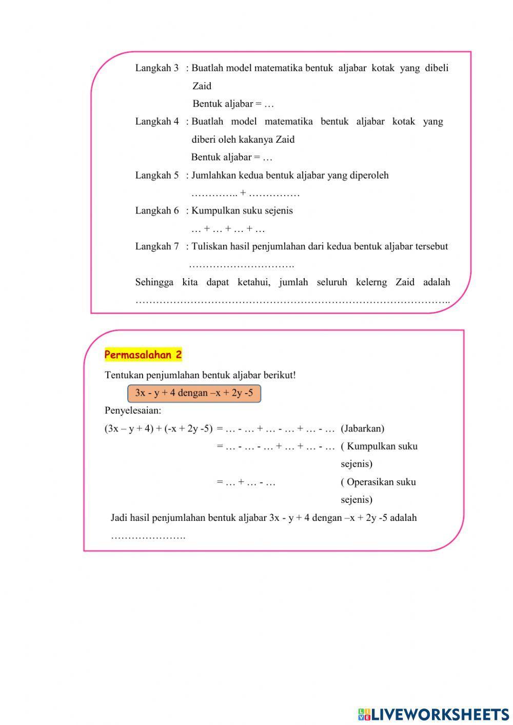 LKPD Penjumlahan dan Pengurangan Bentuk Aljabar