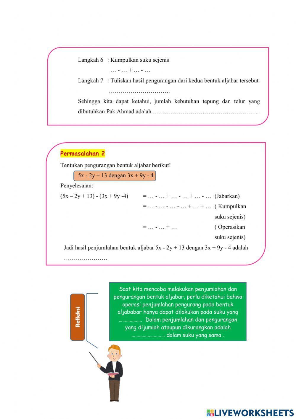 LKPD Penjumlahan dan Pengurangan Bentuk Aljabar