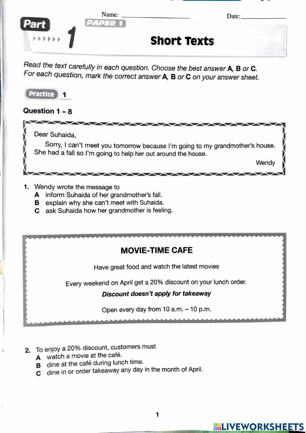 Short Text 1516833 | bonnie81 | Live Worksheets