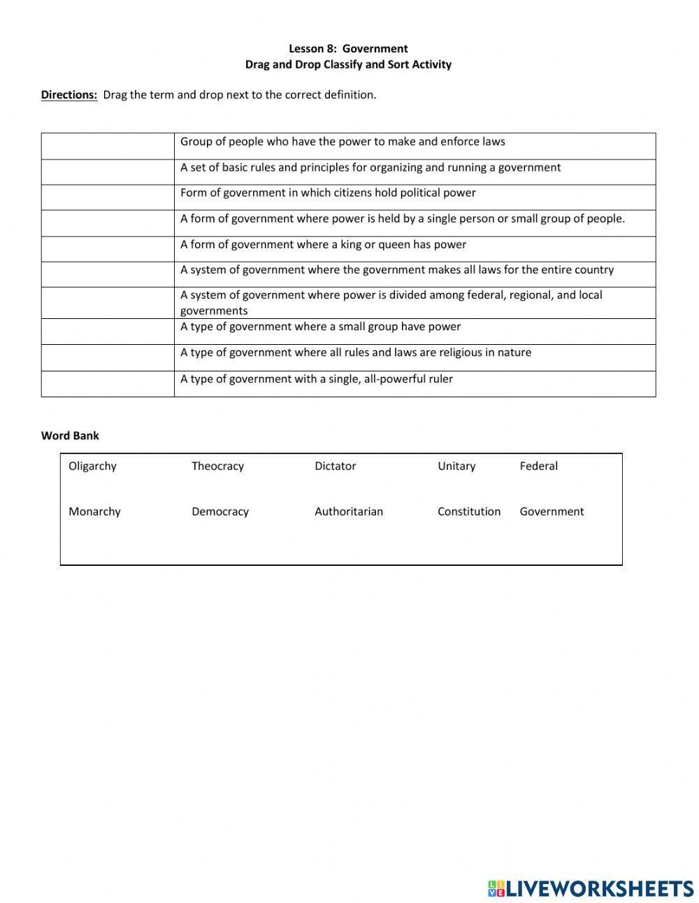 Forms of Government online worksheet for 78 Live Worksheets