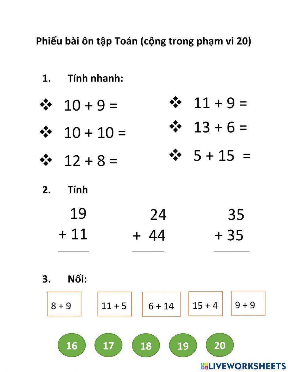 Bài ôn tập cộng trong phạm vi 20