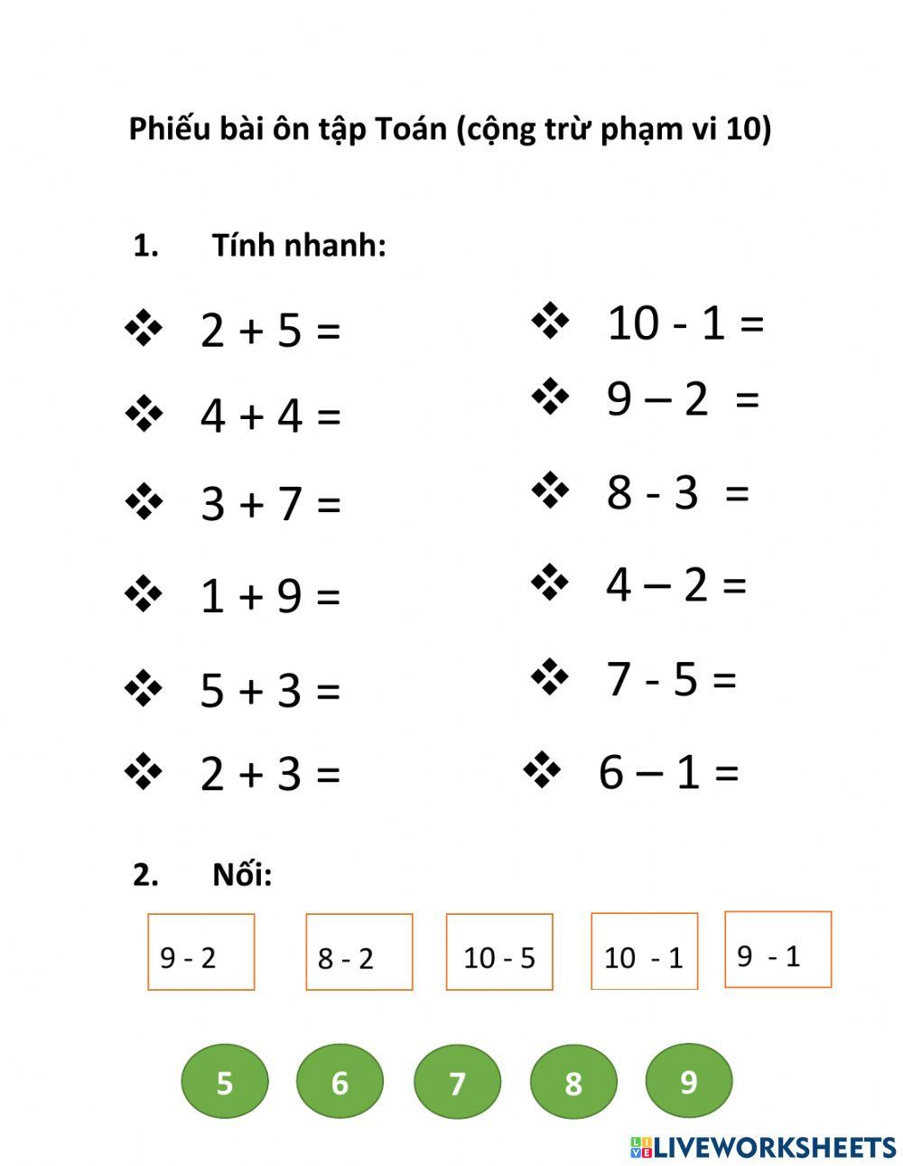 Bài ôn tập trừ trong phạm vi 10