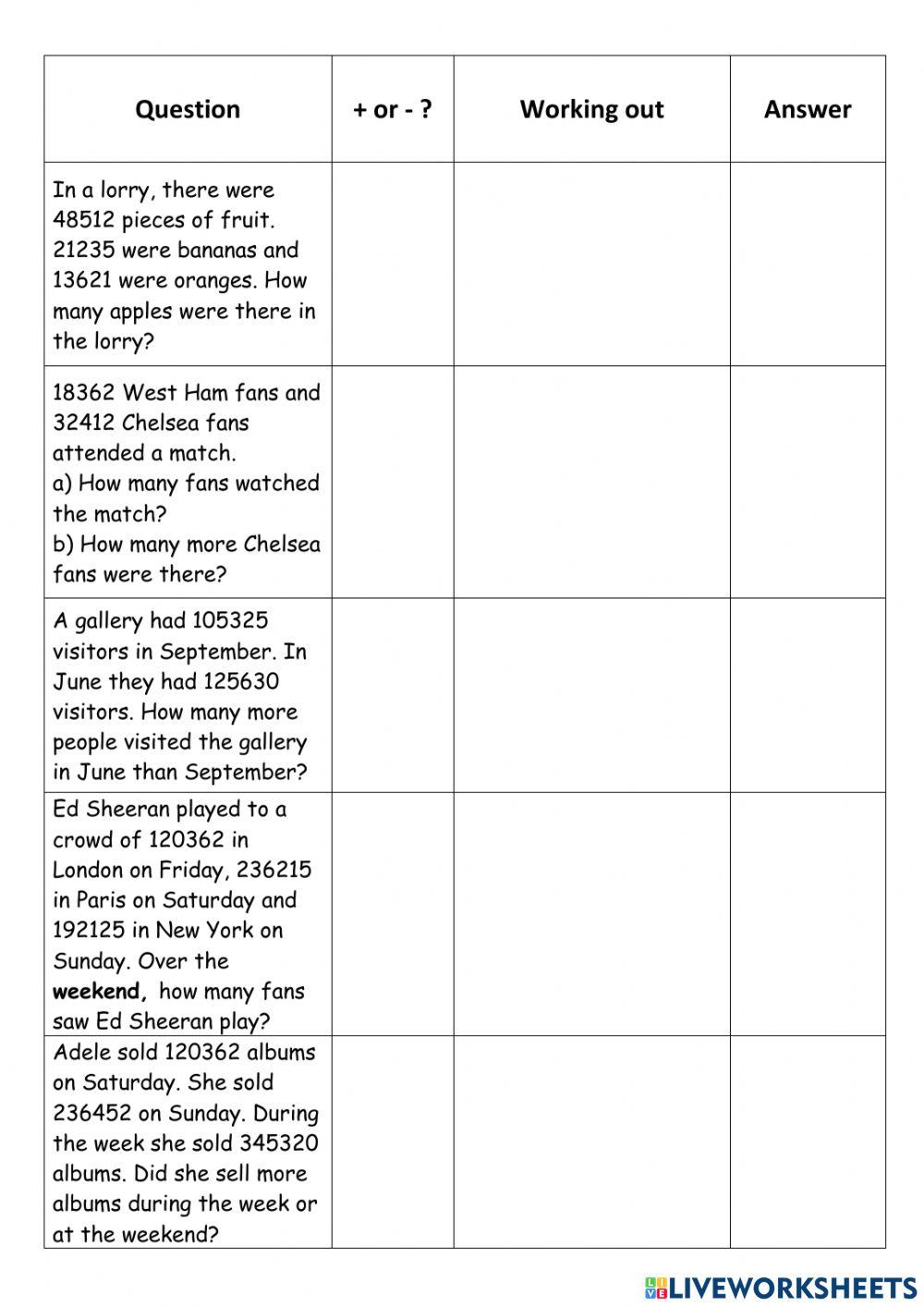 Worded addition and subtraction