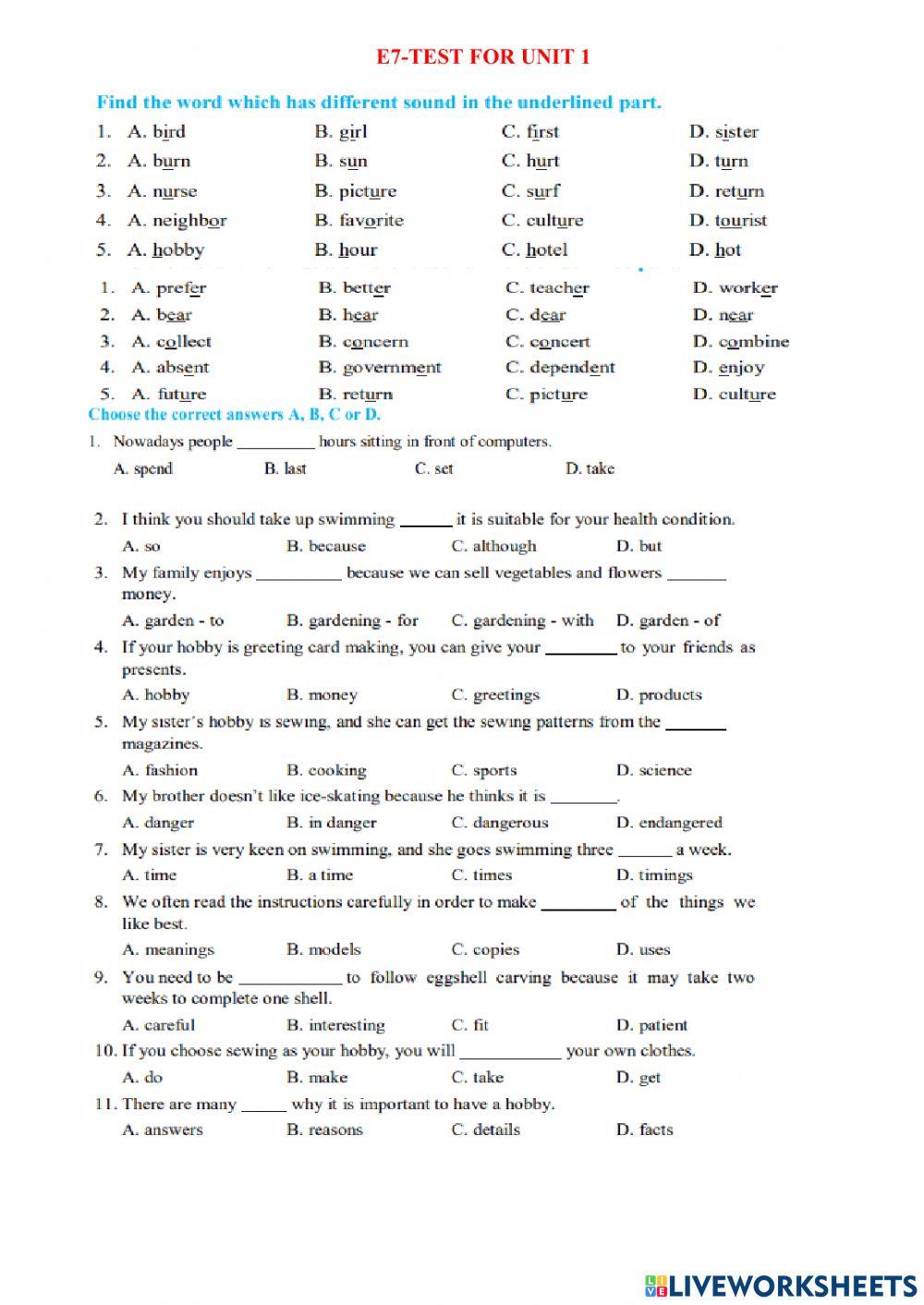 English 7-Test for Unit 1-BVV