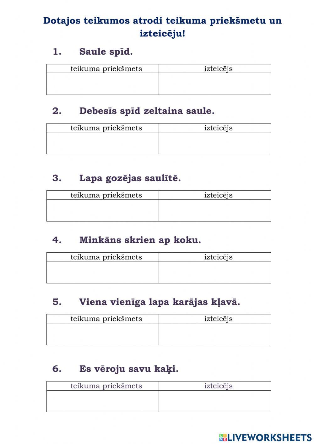 Teikuma priekšmets un izteicējs.