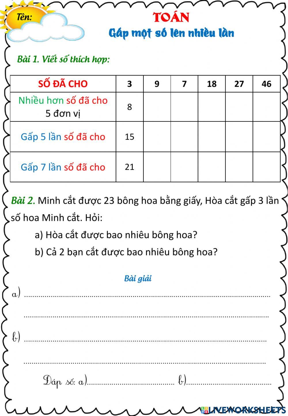 Toán Gấp 1 số lên nhiều lần