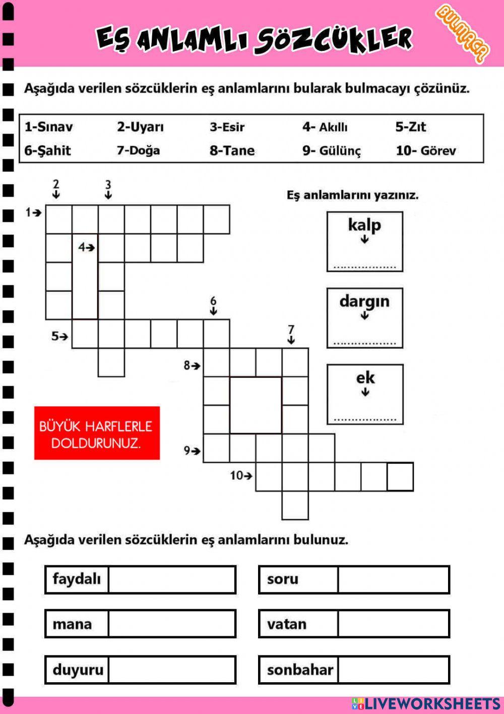 Eş Anlamlı Sözcükler-Bulmaca