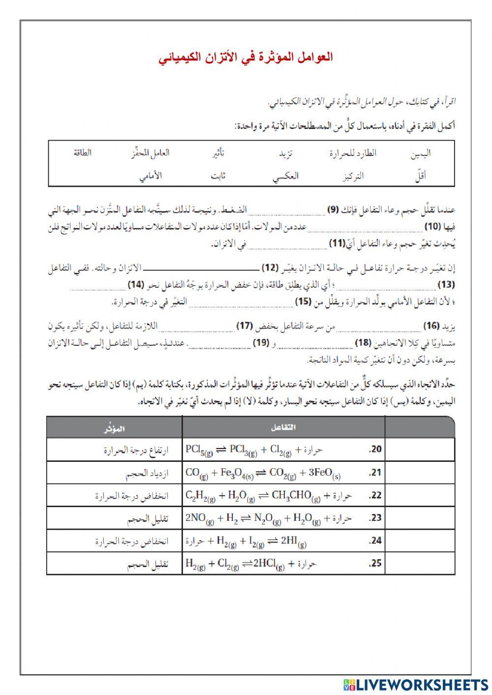 العوامل المؤثرة في الاتزان الكيميائي