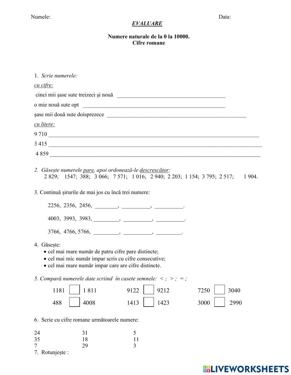 Evaluare. Numere naturale 0-10000
