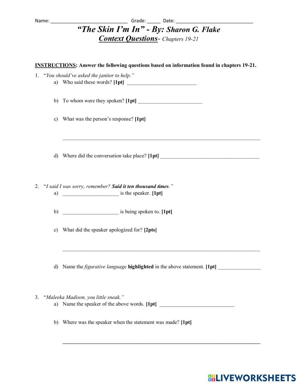 -The Skin I'm In- Chapters 19-21: Context Questions