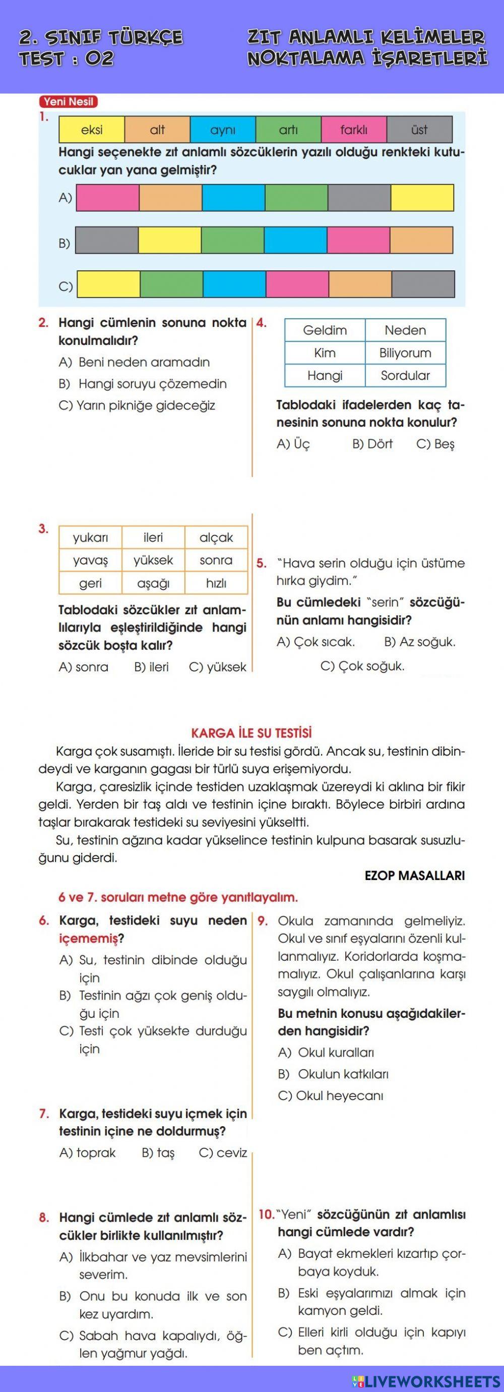 Zıt Anlamlı Kelimeler-Noktalama İşaretleri Test-2