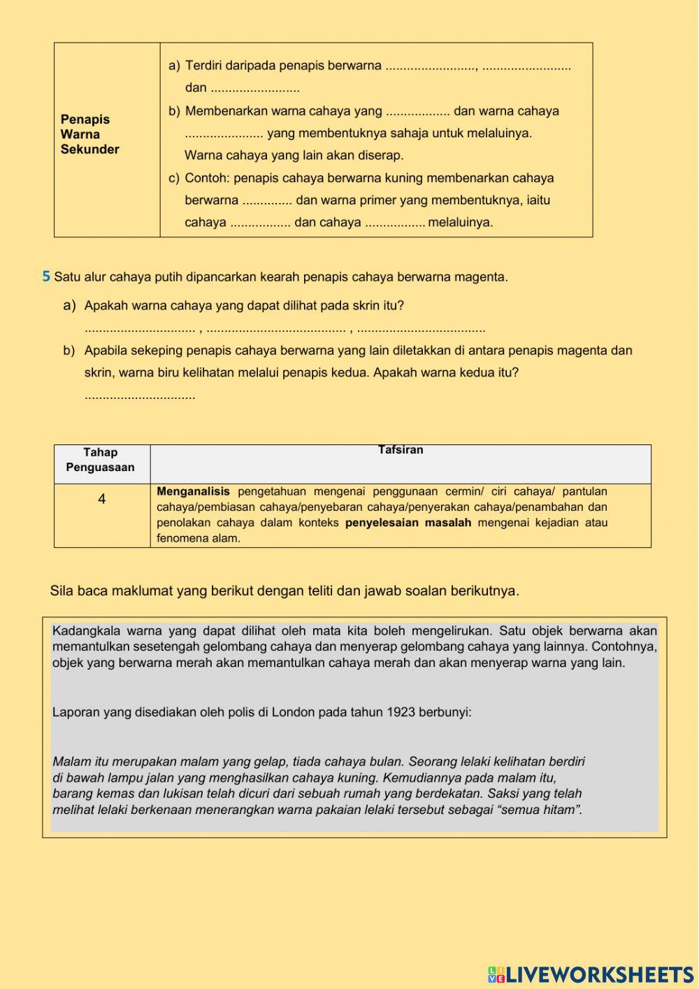 Latihan Sains Tingkatan 1 Bab 8.7 Penambahan dan Penolakan Cahaya