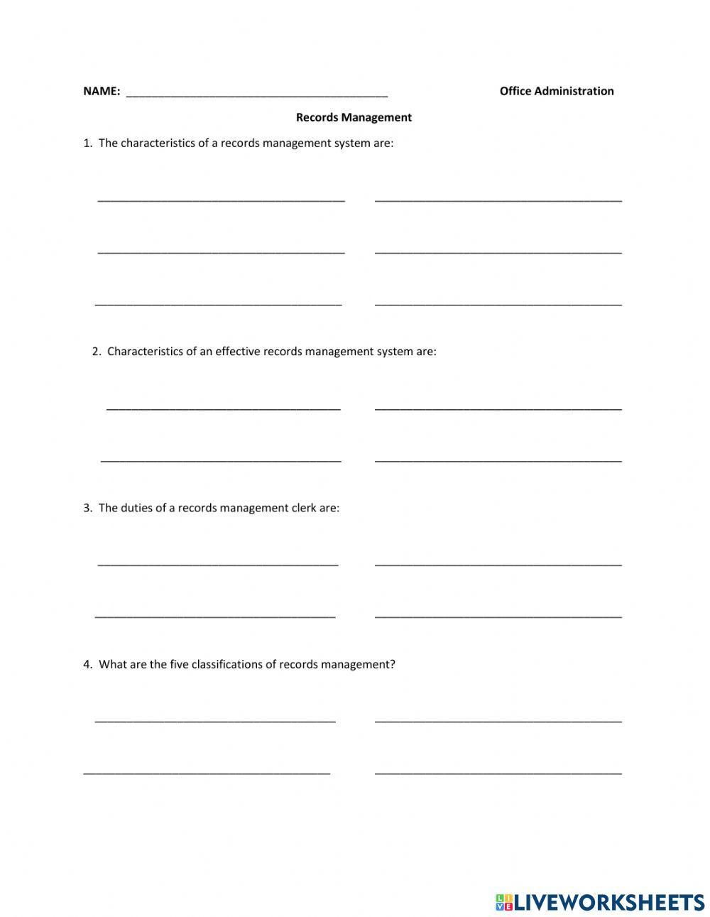 Records Management Quiz online exercise for Live Worksheets