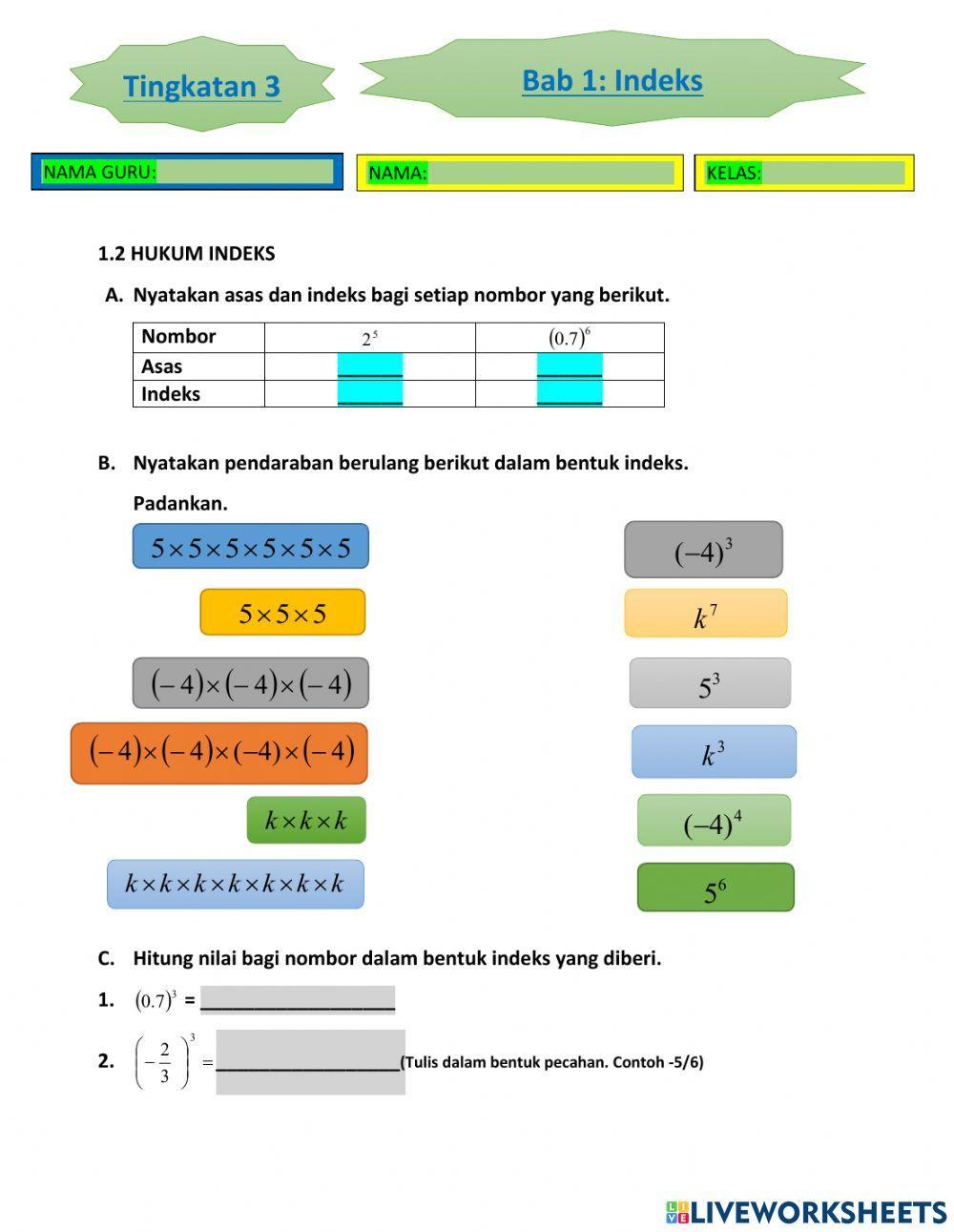 Bab 1  indeks matematik tingkatan 3