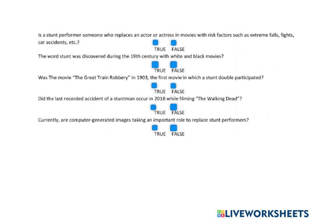 4 Stunt performers reading comprehension