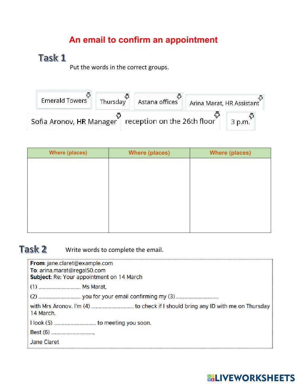 An email to confirm an appointment