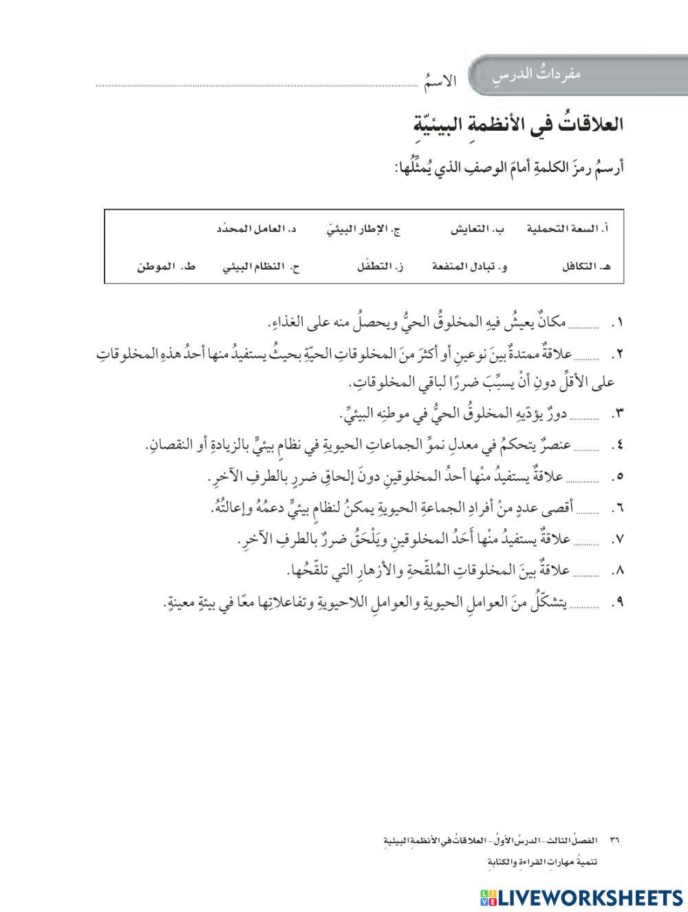 مفردات العلاقات في الأنظمة البيئية علوم خامس