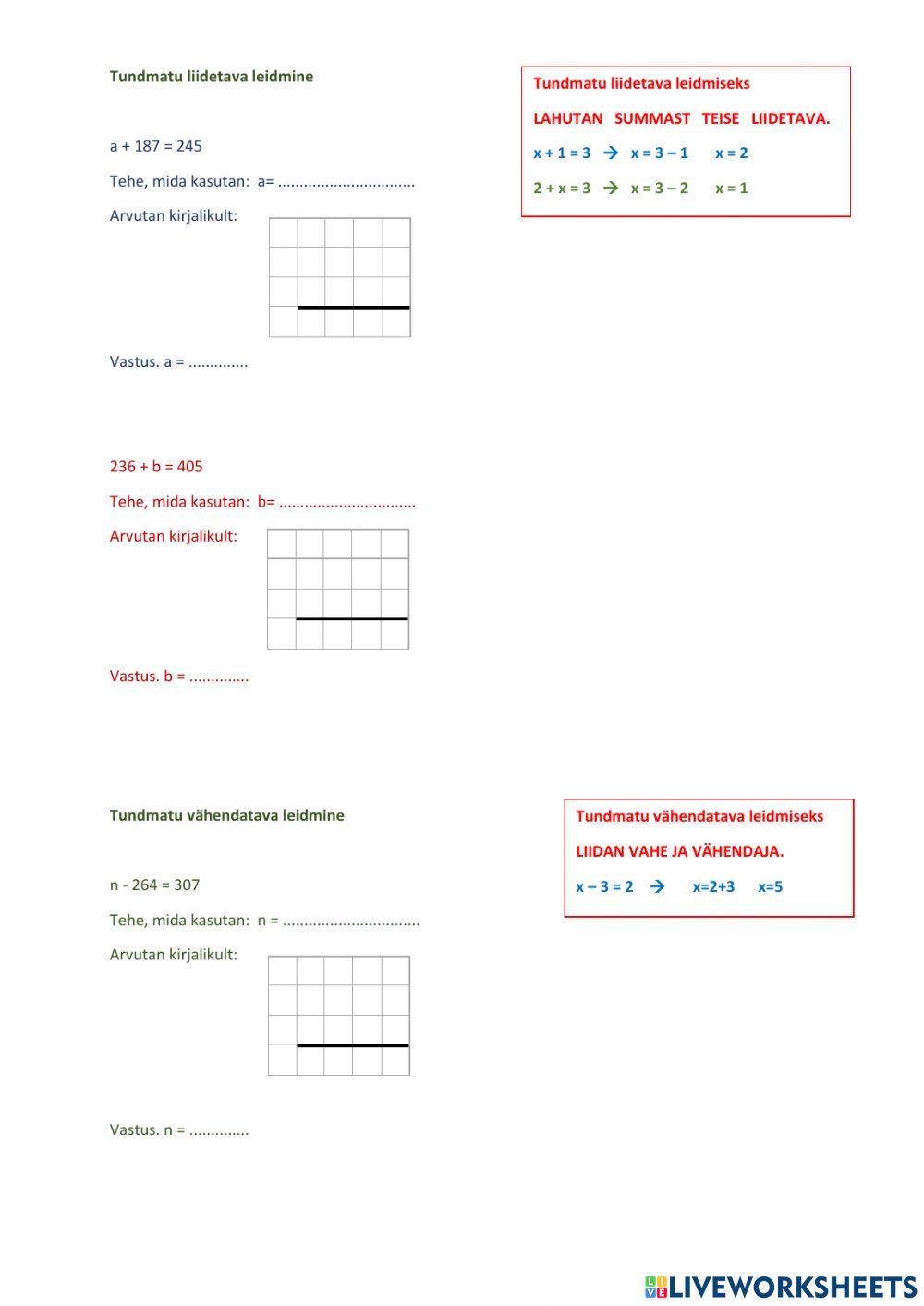 Tundmatu liidetava ja vähendatava leidmine