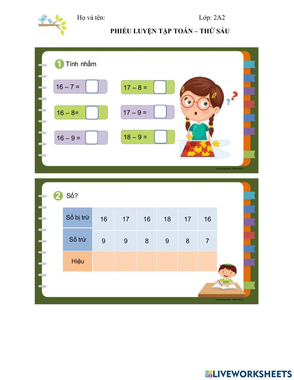 Tuần 6. Phiếu toán thứ sáu