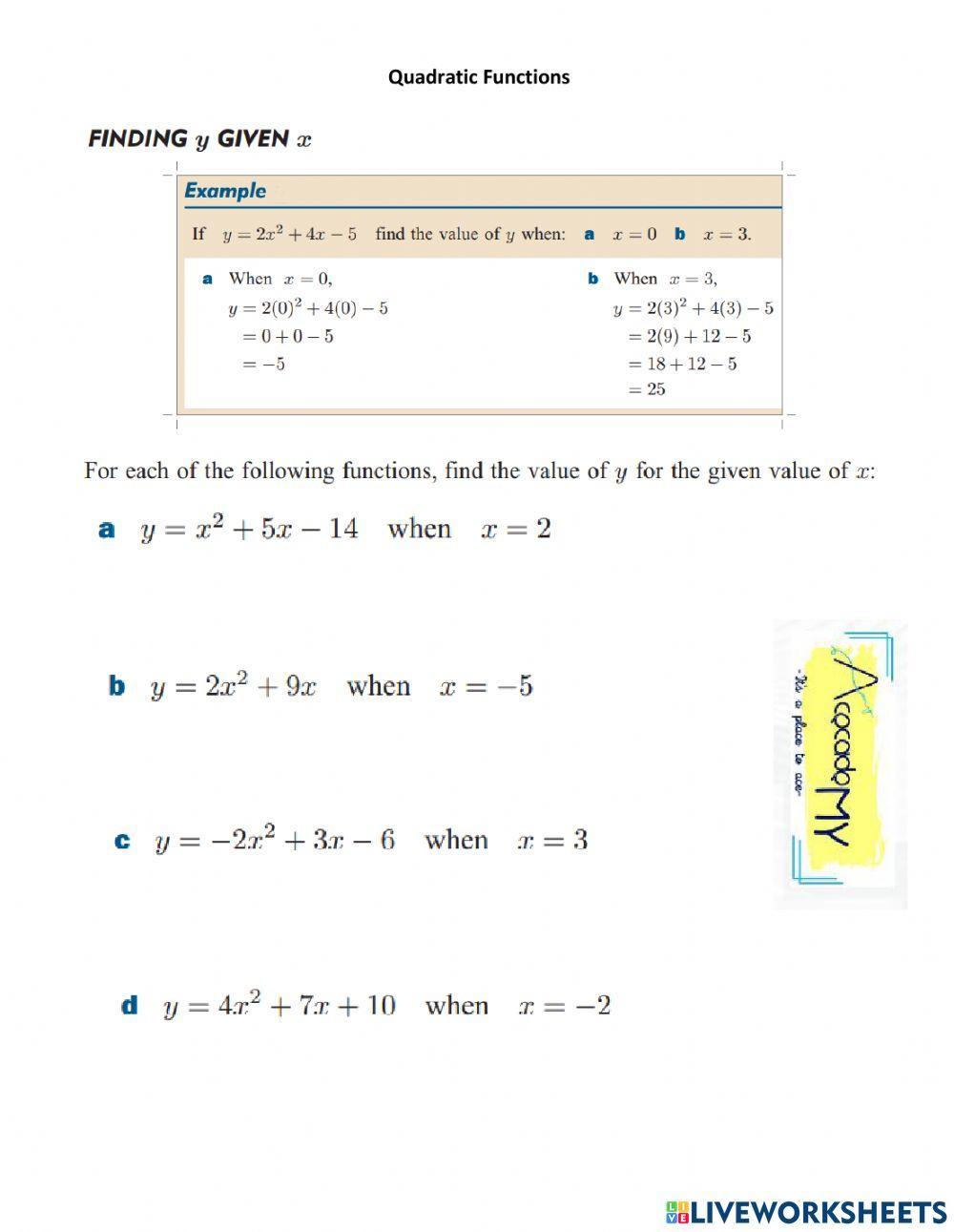 7th Grade Quadratic Functions Finding Y Given X