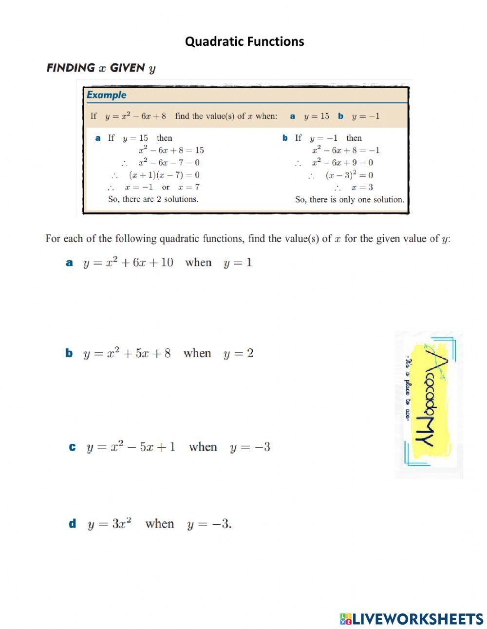 Quadratic Function Finding X