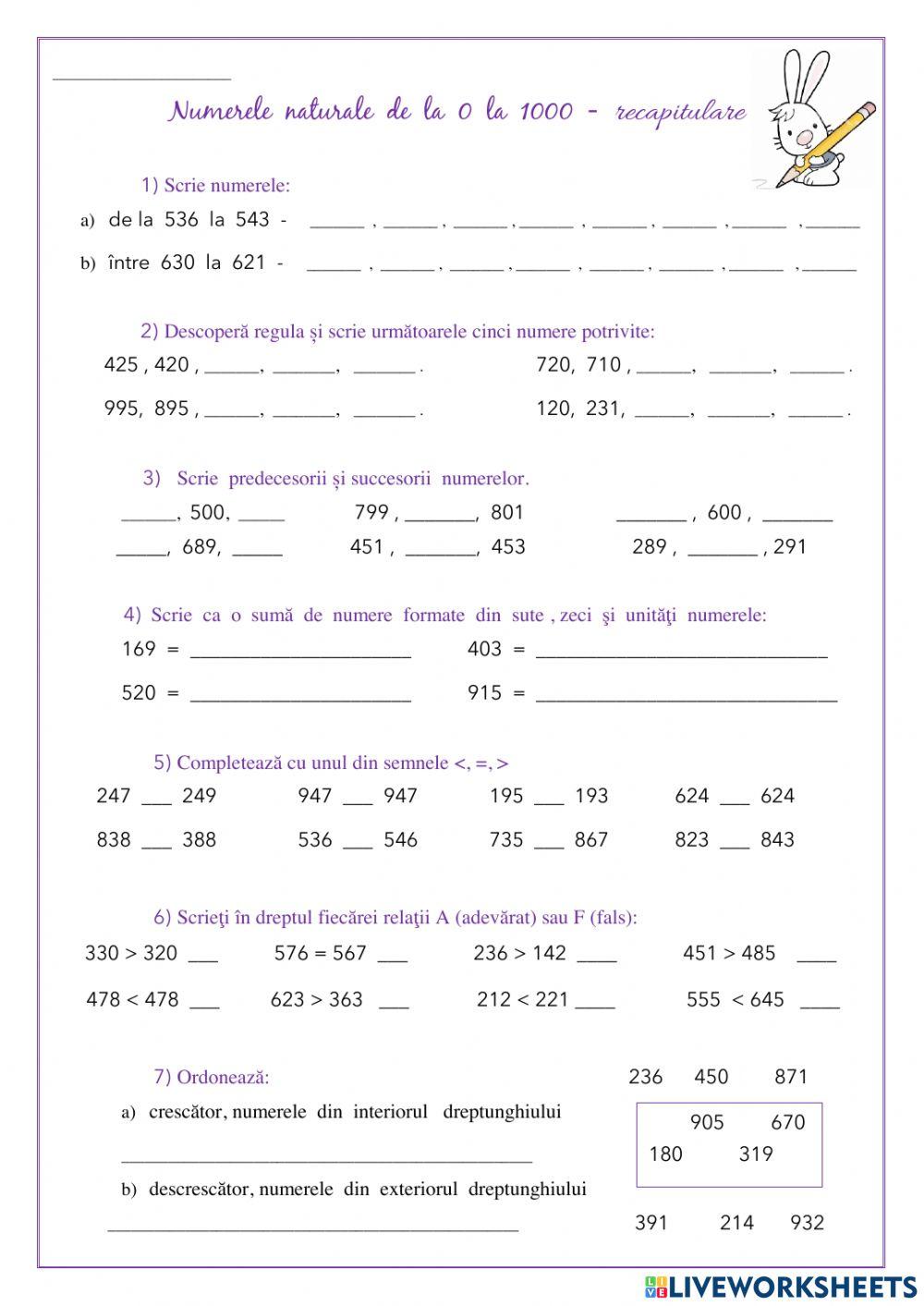 Numerele naturale 0 - 1000 | Live Worksheets