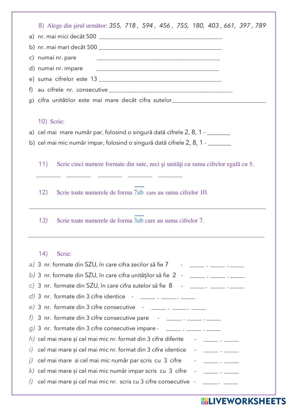 Numerele naturale 0 - 1000