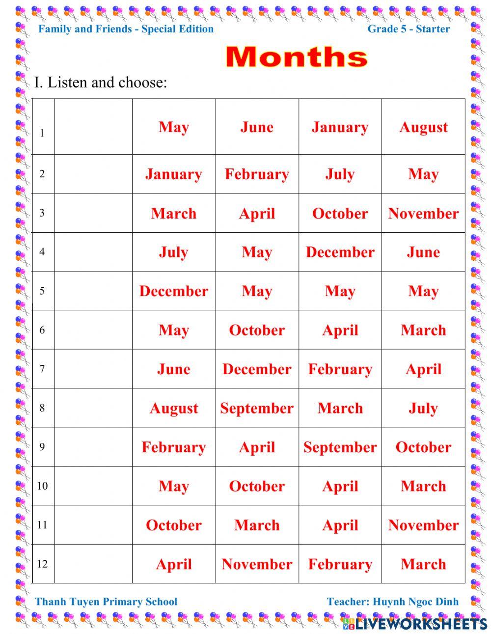FAMILY AND FRIENDS- GRADE 5- STARTER-MONTHS