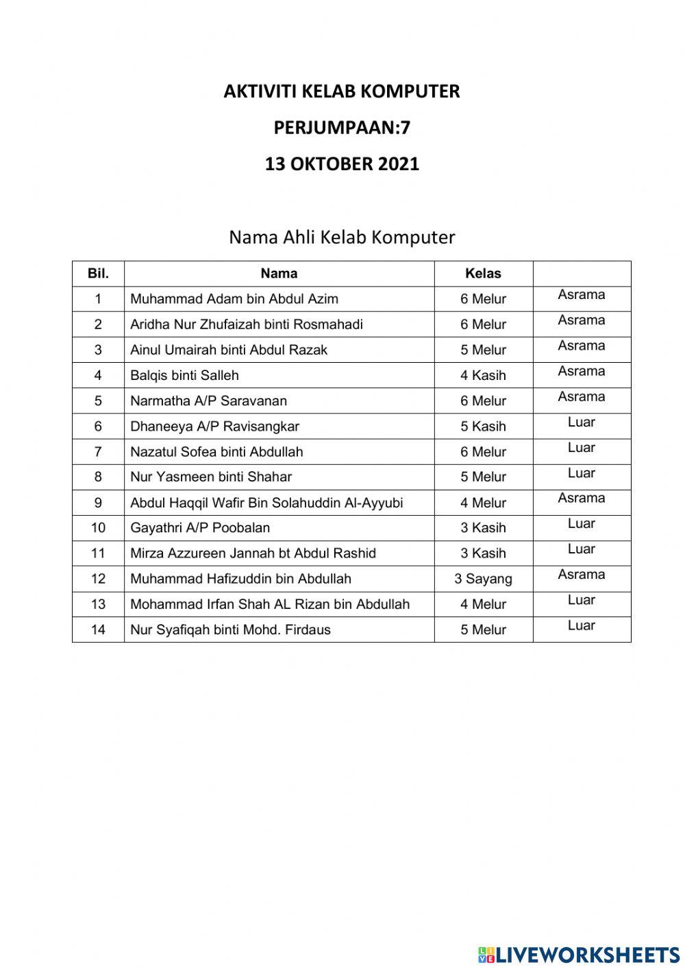 Latihan Kelab Komputer 13 Oct 2021