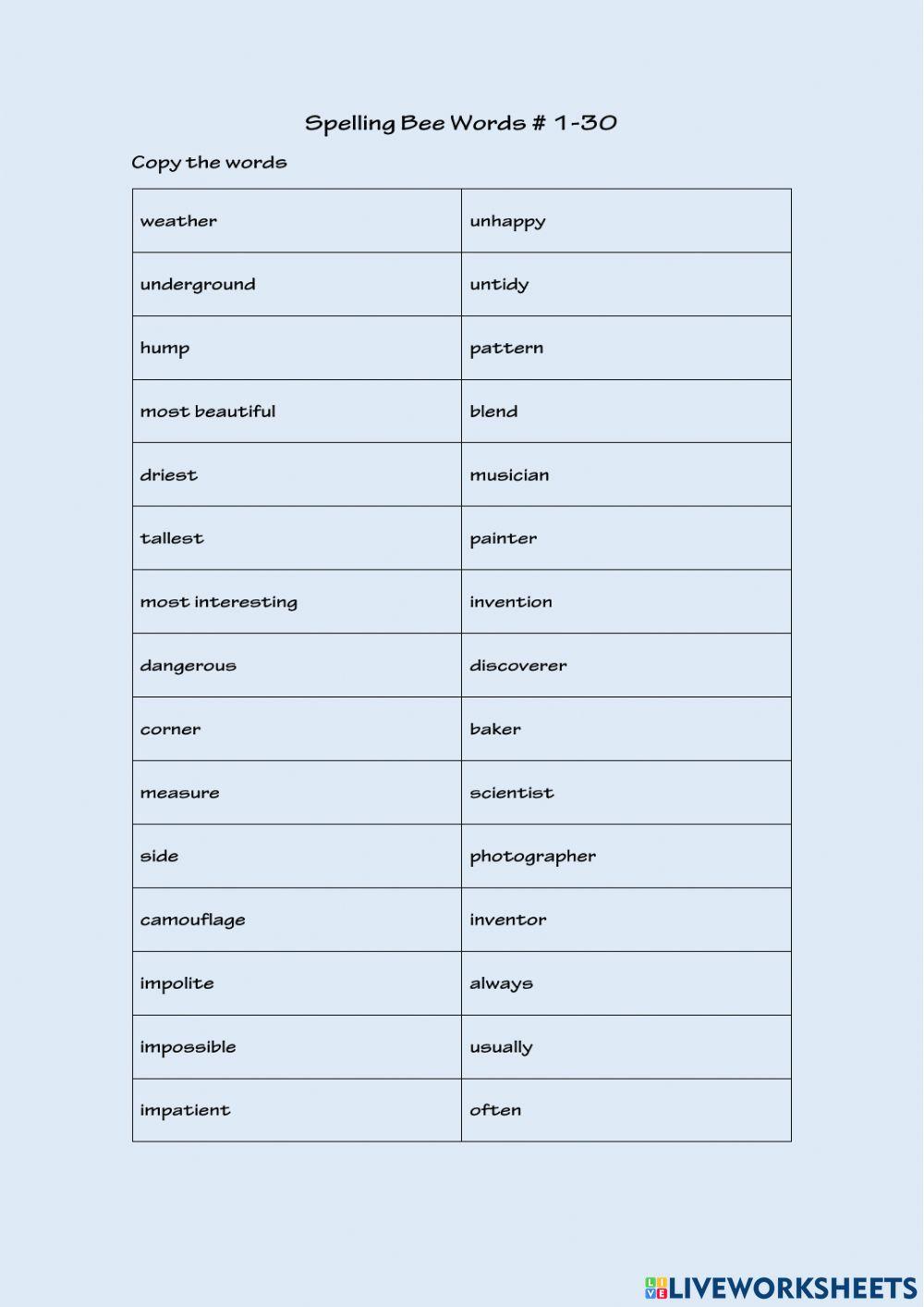 Spelling Bee Words - 1-30 Mateo