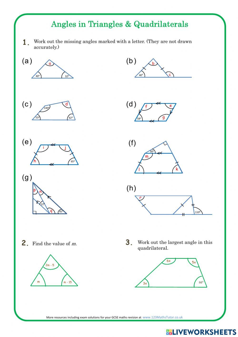 Angles in Triangles and Quadrilaterals WS online exercise for | Live ...