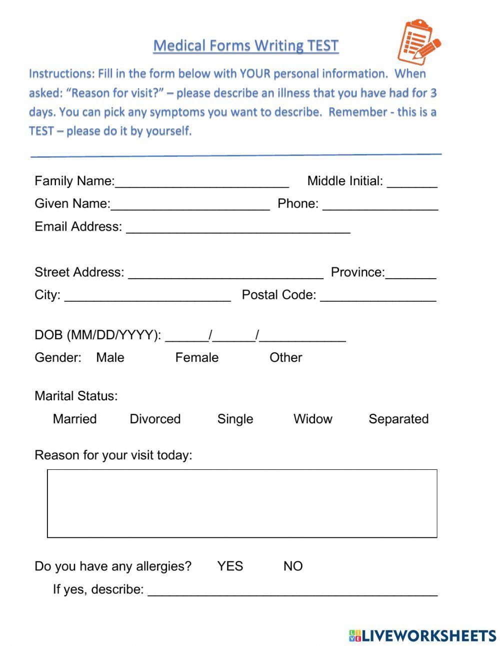 Medical Form Writing Test